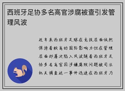 西班牙足协多名高官涉腐被查引发管理风波 西班牙足协多名高官涉腐被查引发管理风波