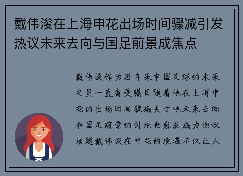 戴伟浚在上海申花出场时间骤减引发热议未来去向与国足前景成焦点